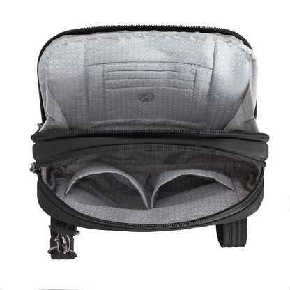 Travelon Runways Anti-theft Crossbody in black features organized interior compartments against a white background.