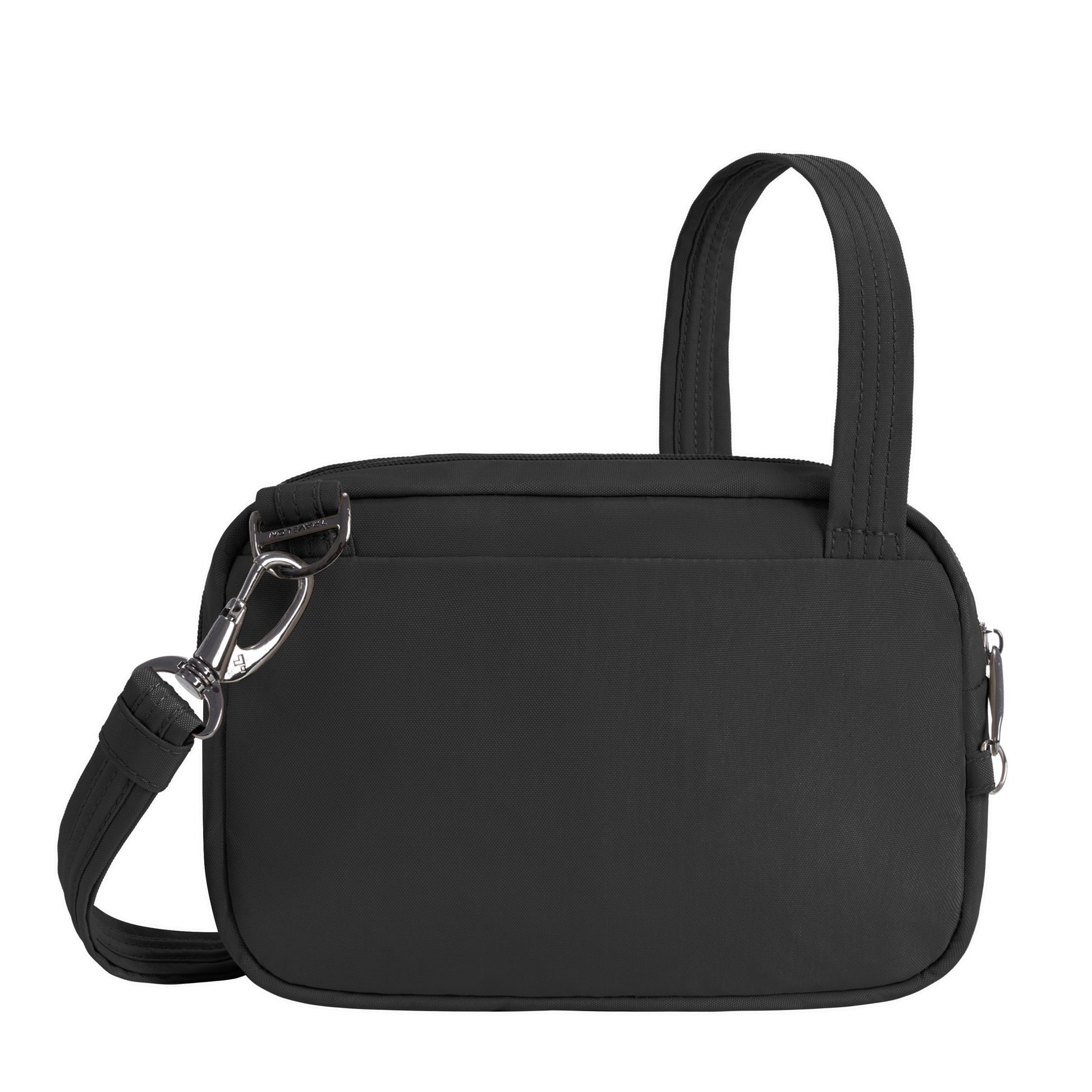 Travelon Runways Anti-theft Double Compartment Crossbody in black with top handle and detachable strap.