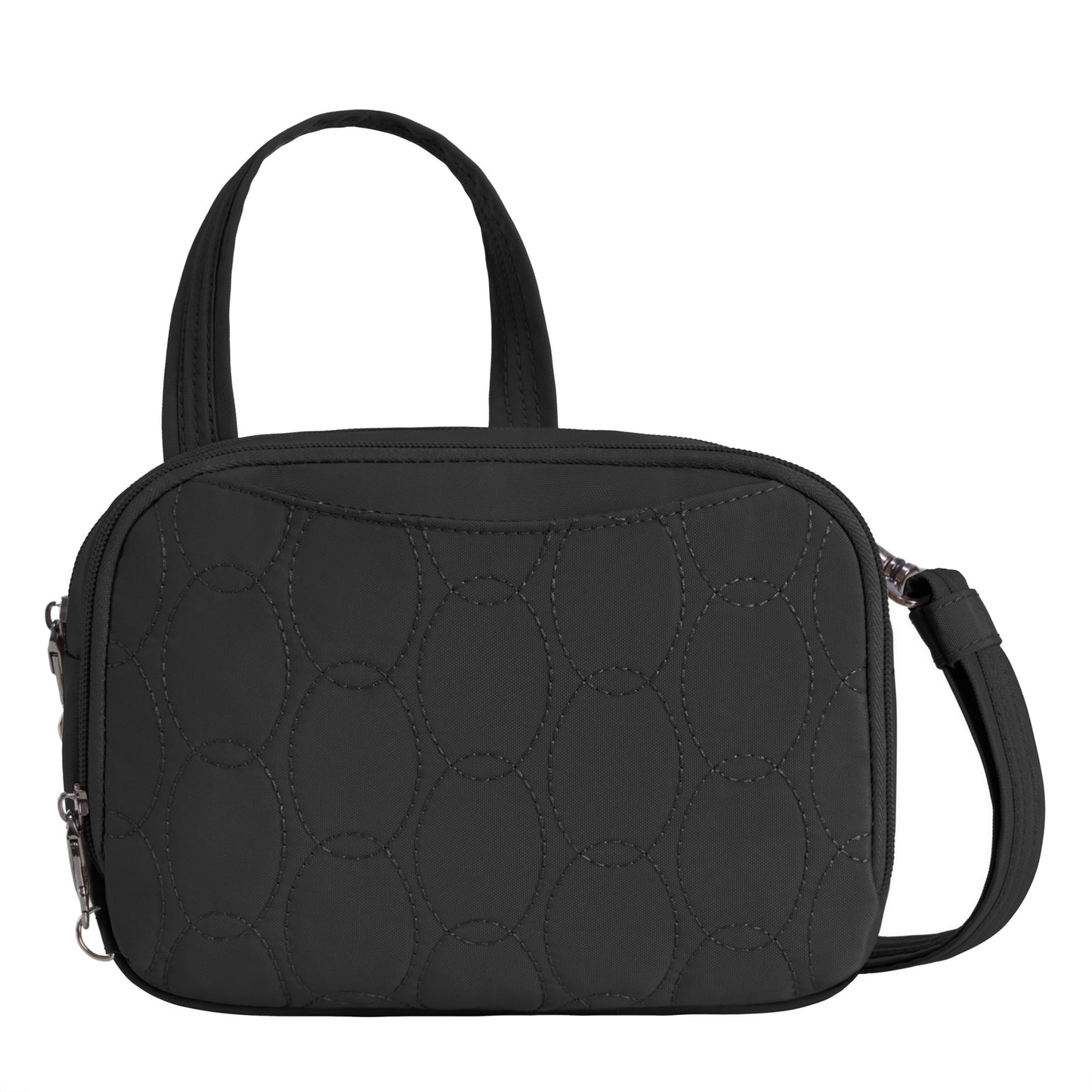 Travelon Runways Anti-theft Crossbody: stylish black bag with 2 handles, detachable strap, and double compartments.