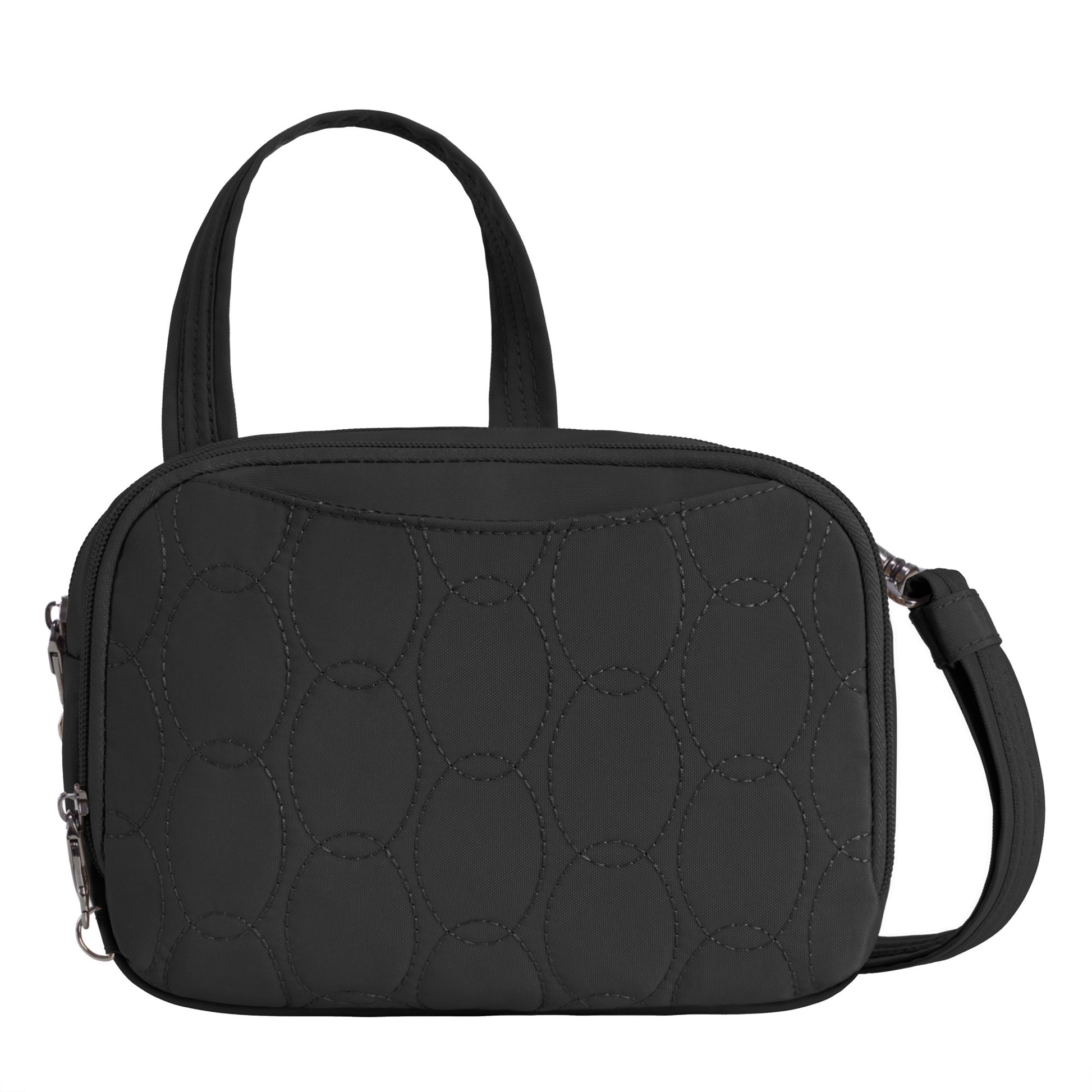 Travelon Runways Anti-theft Crossbody: stylish black bag with 2 handles, detachable strap, and double compartments.