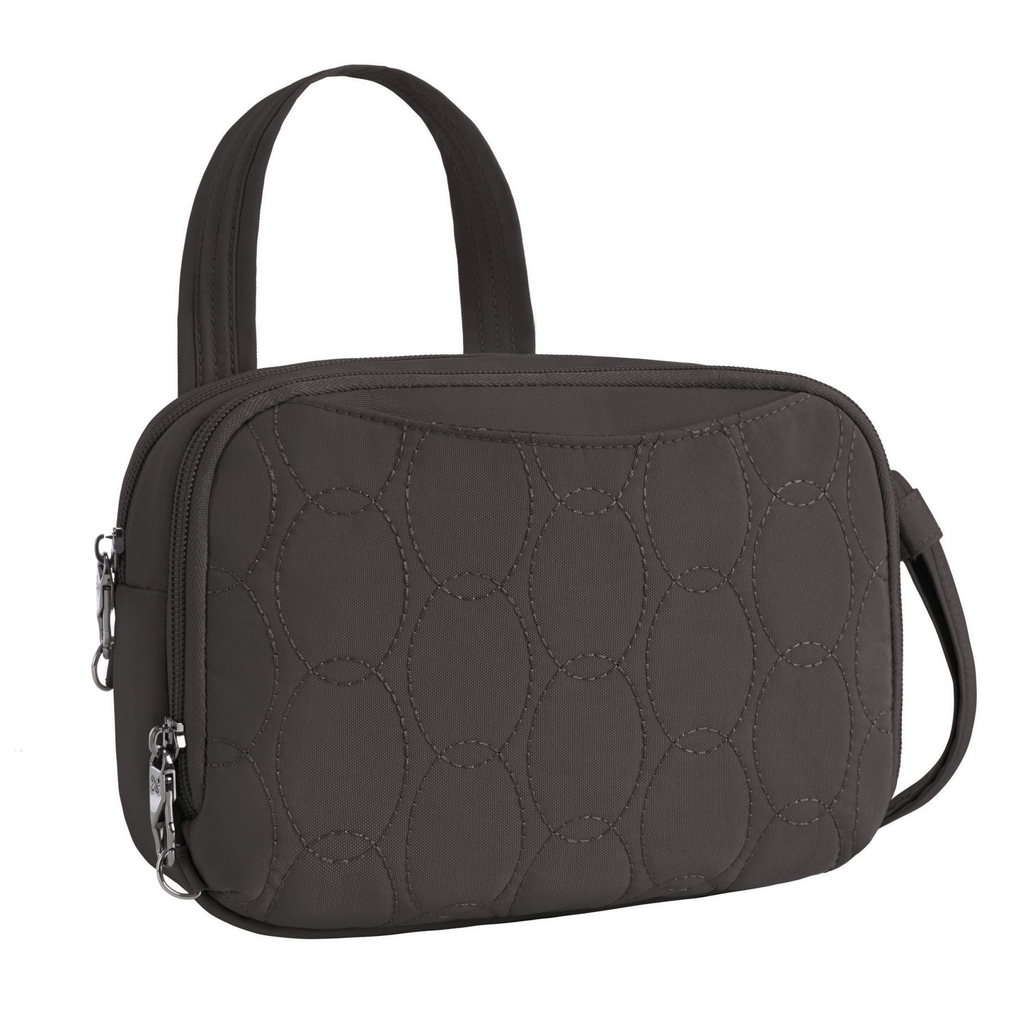 Travelon Runways Anti-theft Double Compartment Crossbody in dark gray with quilted design and short handle.