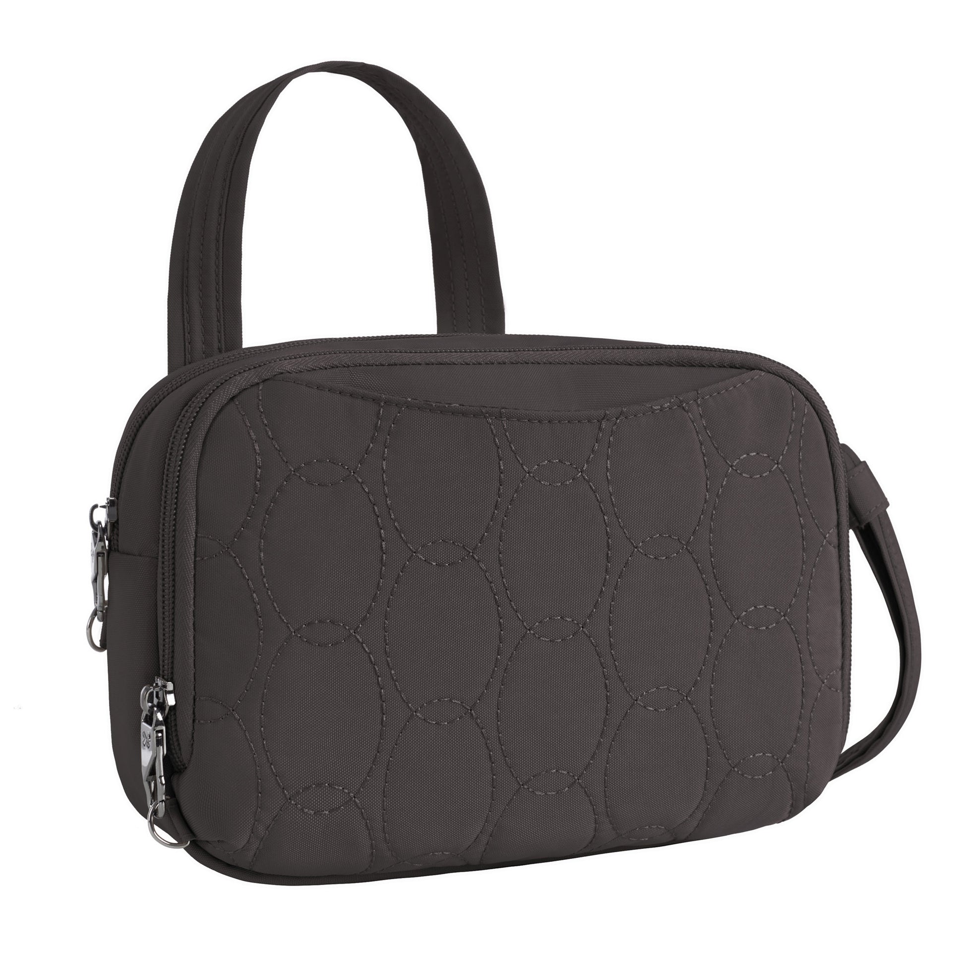 Travelon Runways Anti-theft Double Compartment Crossbody in dark gray with quilted design and short handle.