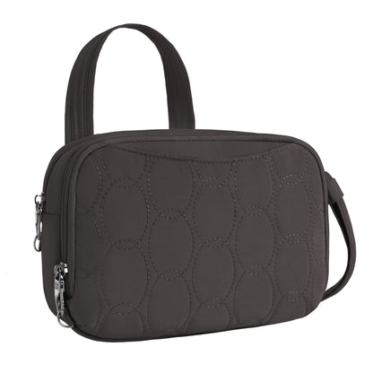 Travelon Runways Anti-theft Double Compartment Crossbody in dark gray with quilted design and short handle.