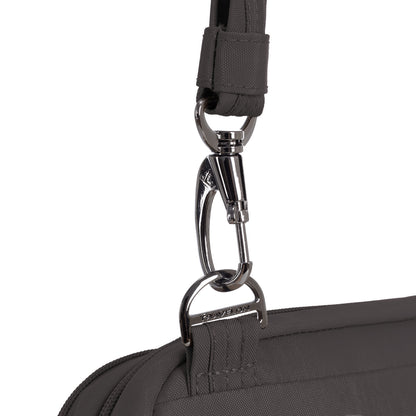 Close-up of a silver clasp on the Travelon Runways Anti-theft Crossbody for a sleek, coordinated look.