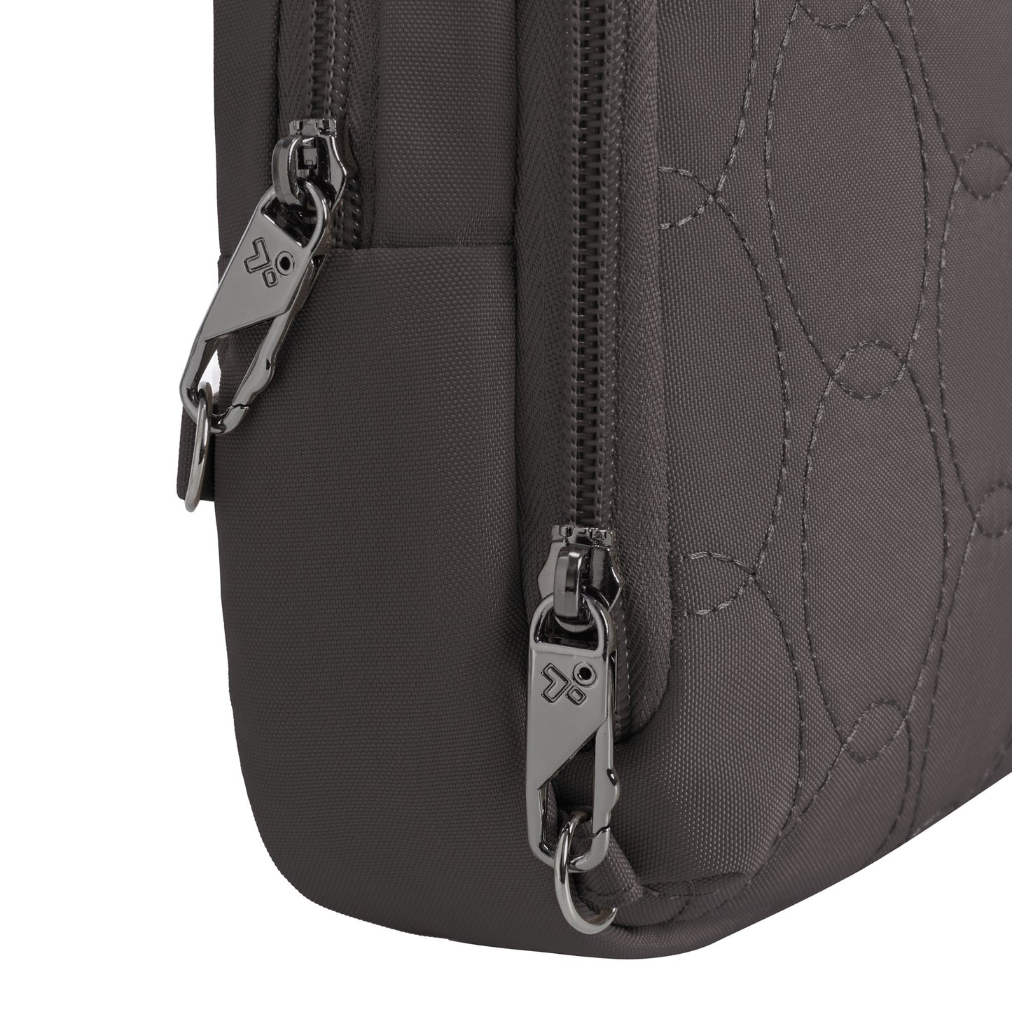 Close-up of the Travelon Runways Anti-theft Double Compartment Crossbody in gray with quilted stitching.