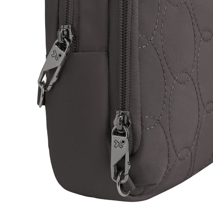 Close-up of the Travelon Runways Anti-theft Double Compartment Crossbody in gray with quilted stitching.