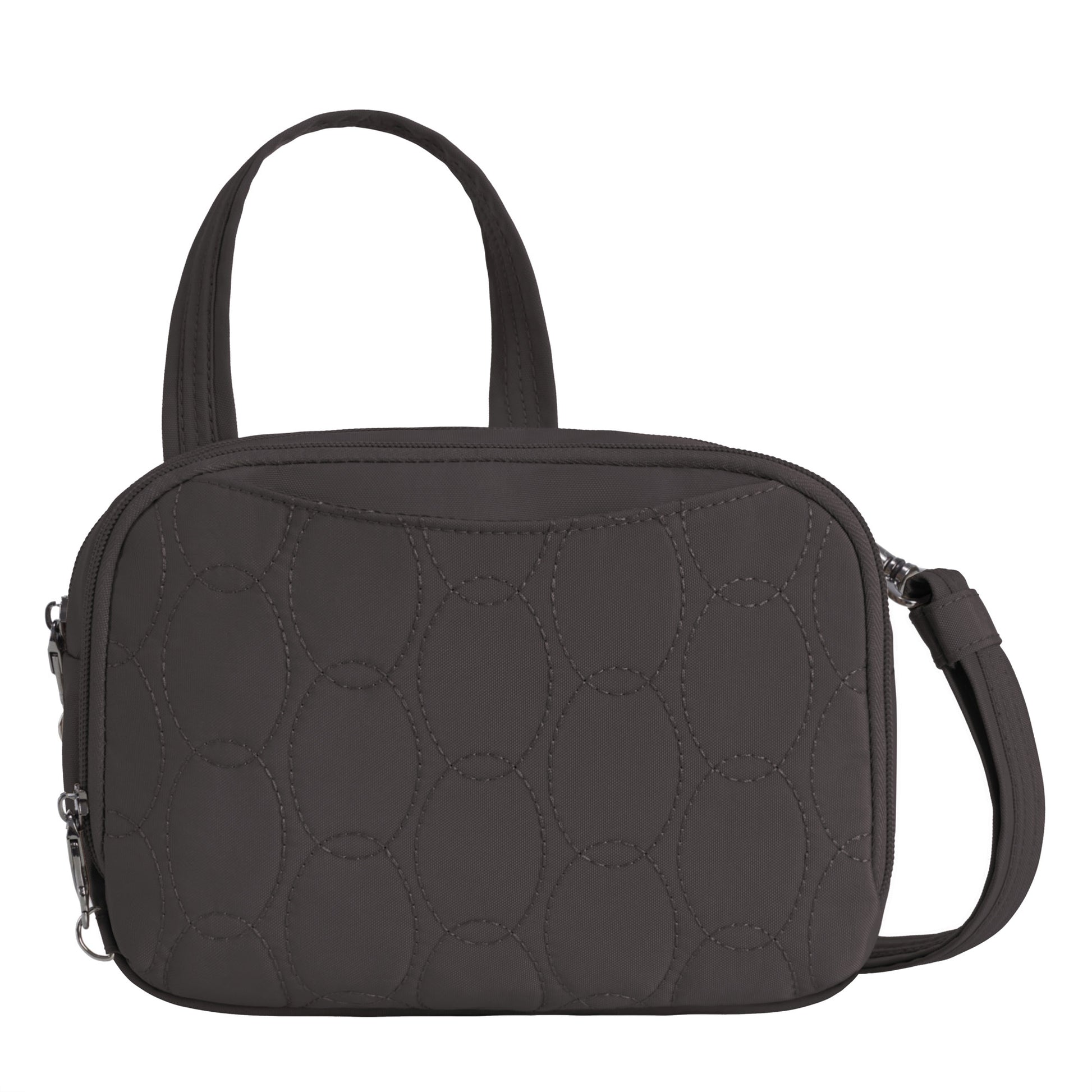 The Travelon Runways Anti-theft Double Compartment Crossbody is a chic black quilted bag with short handles.