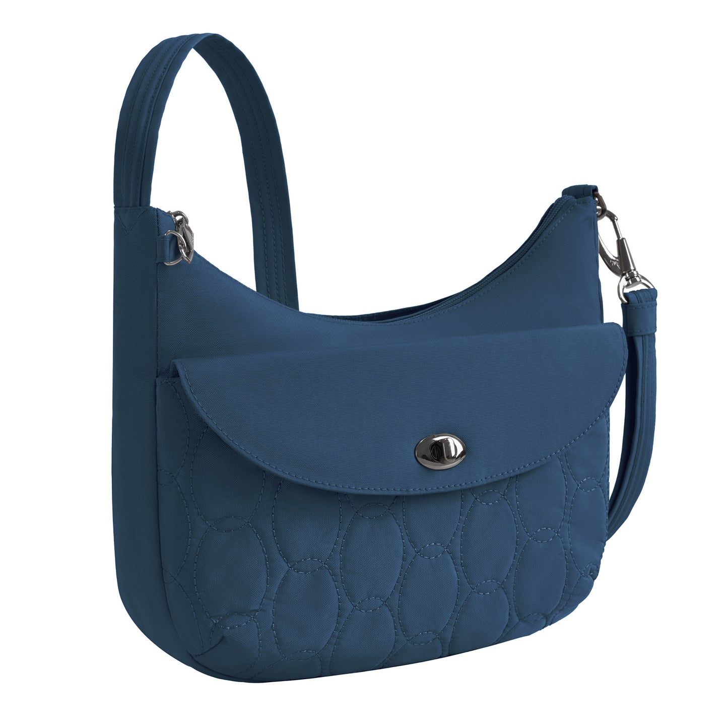 Travelon Runways Anti-theft Medium Crossbody by Travelon: blue, quilted, front flap pocket, silver clasp, detachable strap.