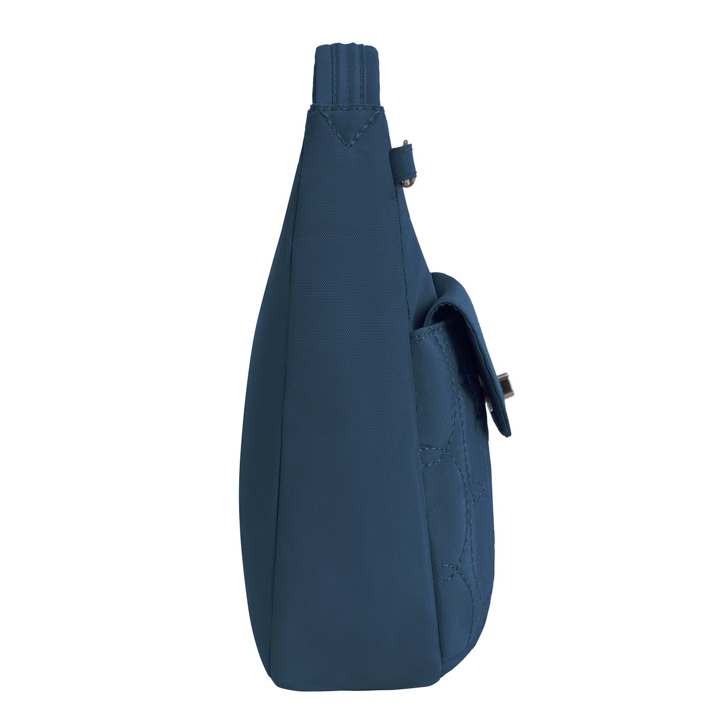 Side view of Travelon Runways Anti-theft Medium Crossbody, blue with front pocket and flap closure.