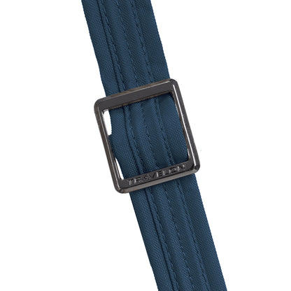 Close-up of blue fabric strap with metal buckle on the Travelon Runways Anti-theft Medium Crossbody bag.