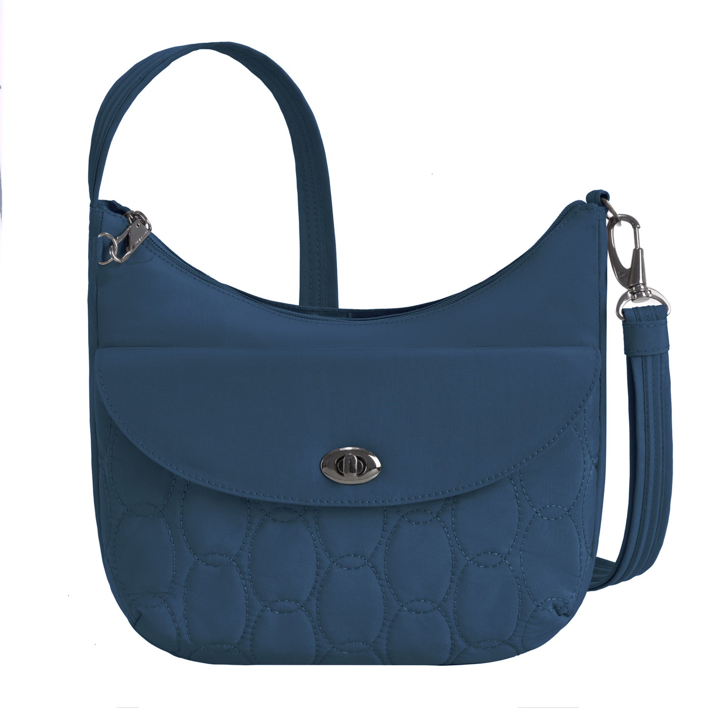 Travelon Runways Anti-theft Medium Crossbody: chic blue bag with quilted pattern and detachable strap.