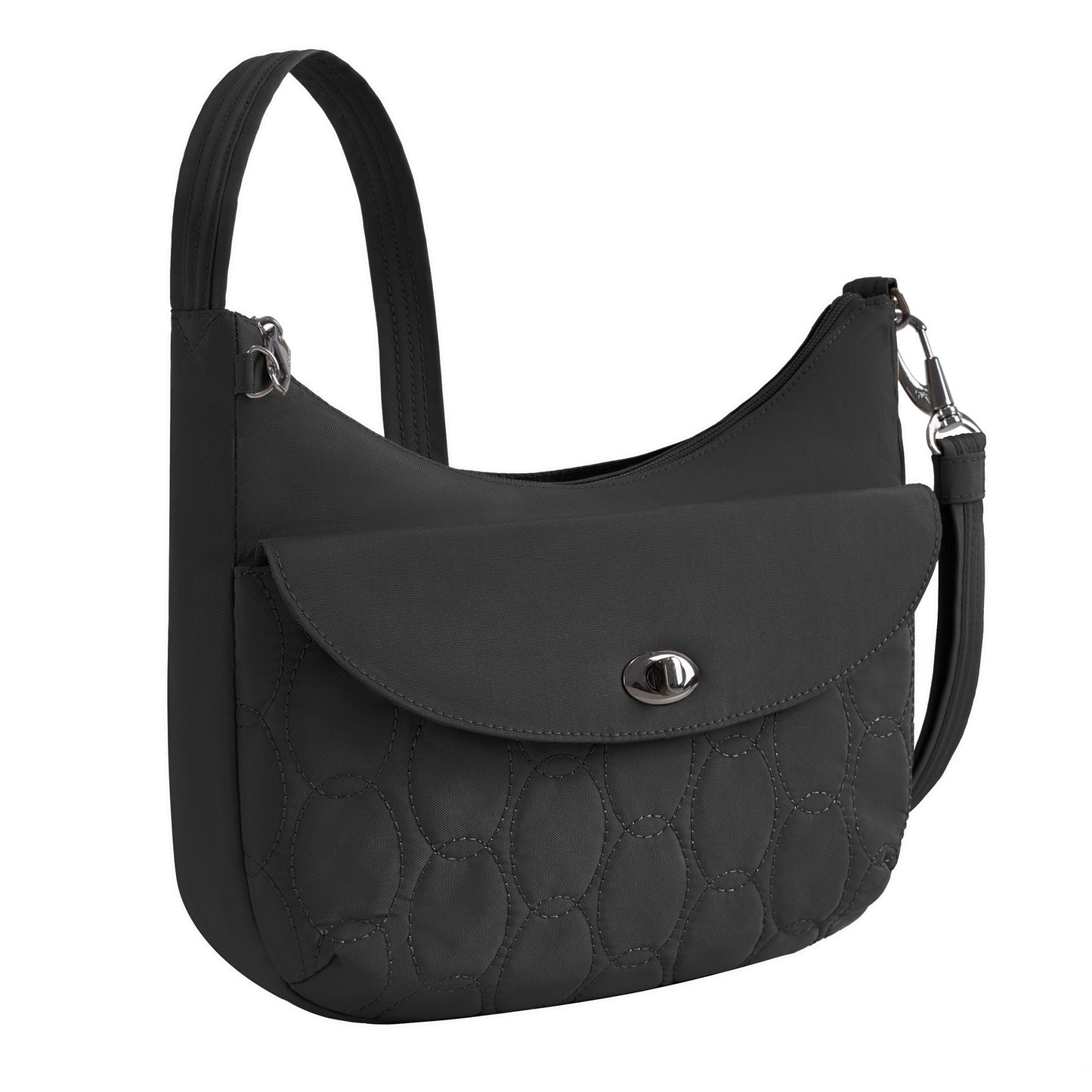 Travelon Runways Anti-theft Medium Crossbody features a quilted pocket, silver turn-lock, and detachable strap.