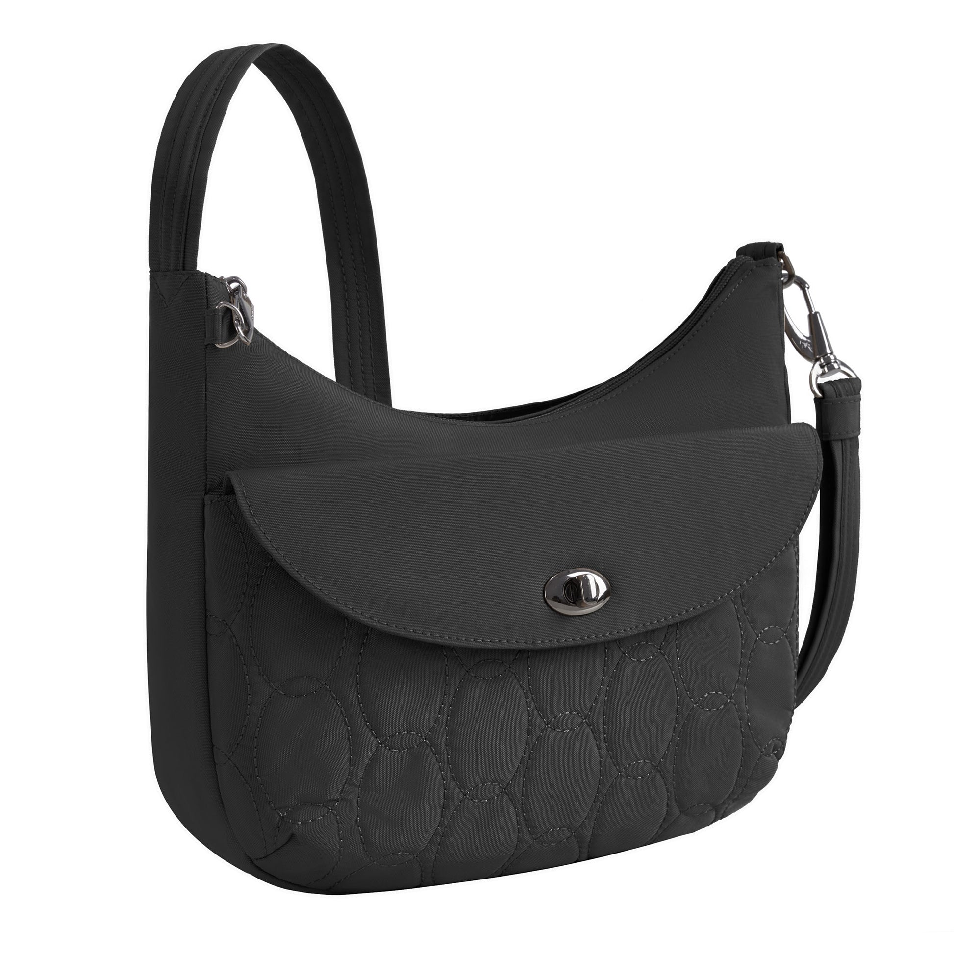 Travelon Runways Anti-theft Medium Crossbody features a quilted pocket, silver turn-lock, and detachable strap.