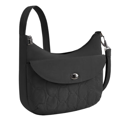 Travelon Runways Anti-theft Medium Crossbody features a quilted pocket, silver turn-lock, and detachable strap.