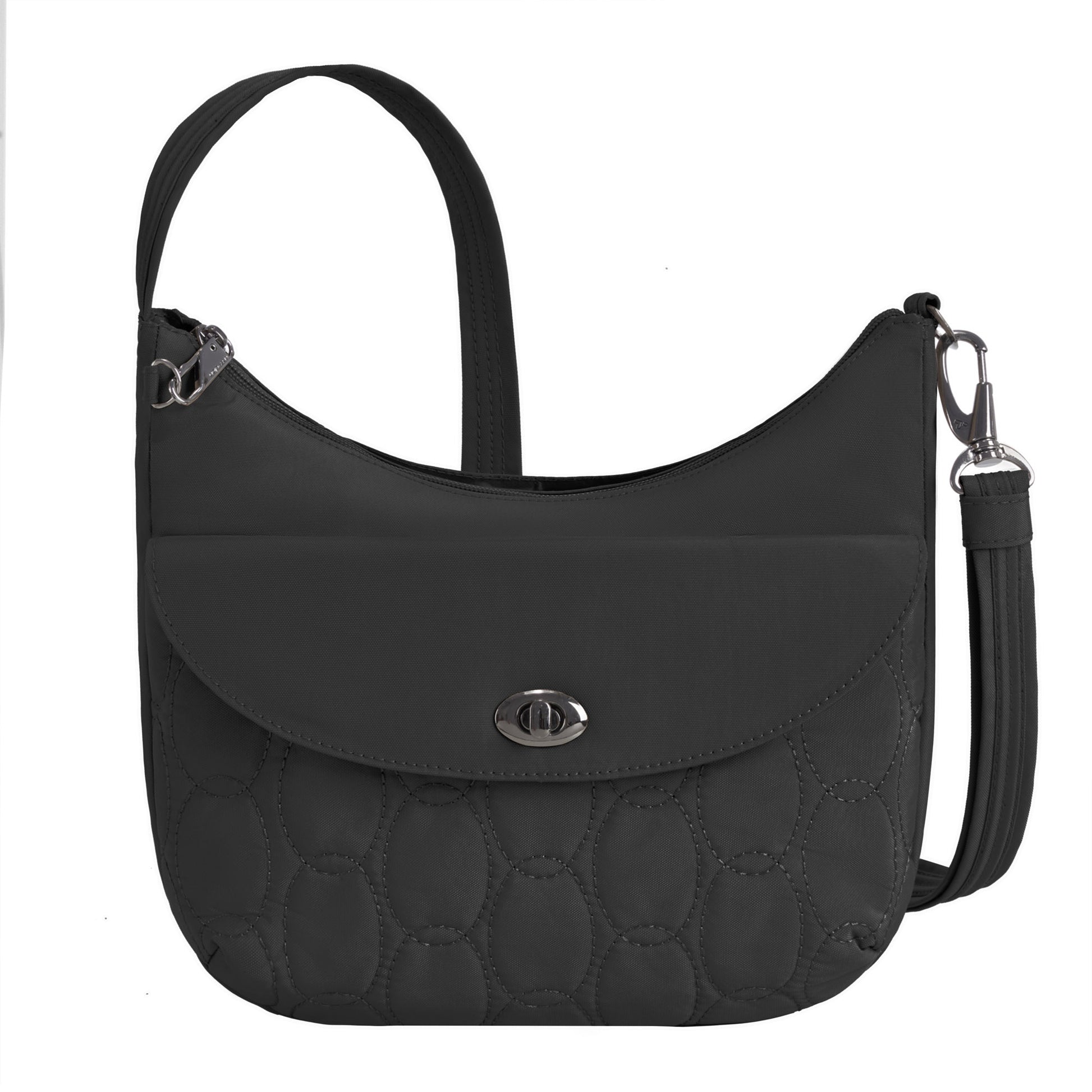 Travelon Runways Anti-theft Medium Crossbody: chic black bag with flap, silver hardware, secure & organized design.