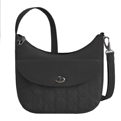 Travelon Runways Anti-theft Medium Crossbody: chic black bag with flap, silver hardware, secure & organized design.