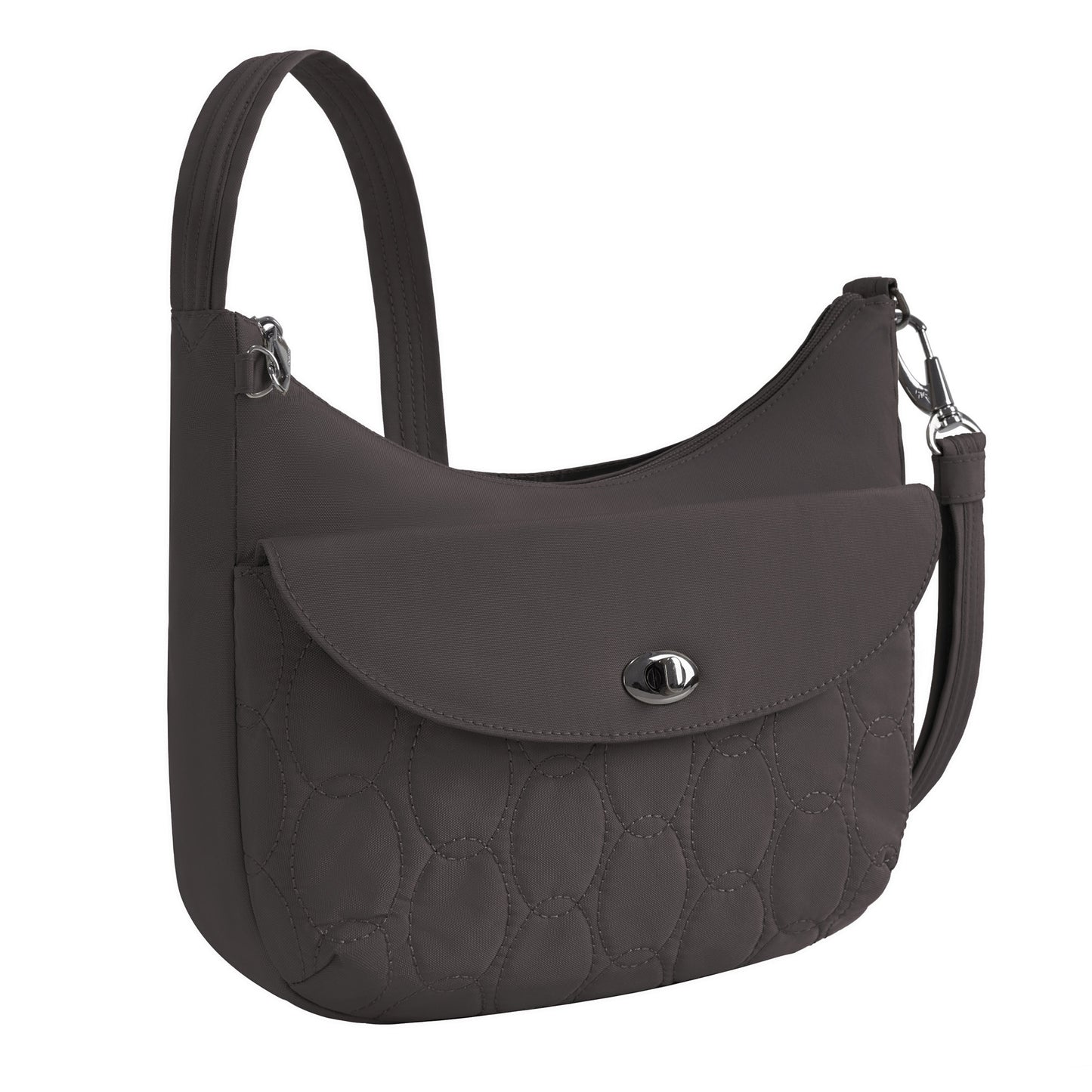 The Travelon Runways Anti-theft Medium Crossbody is a chic dark gray bag with flap pocket and secure strap.