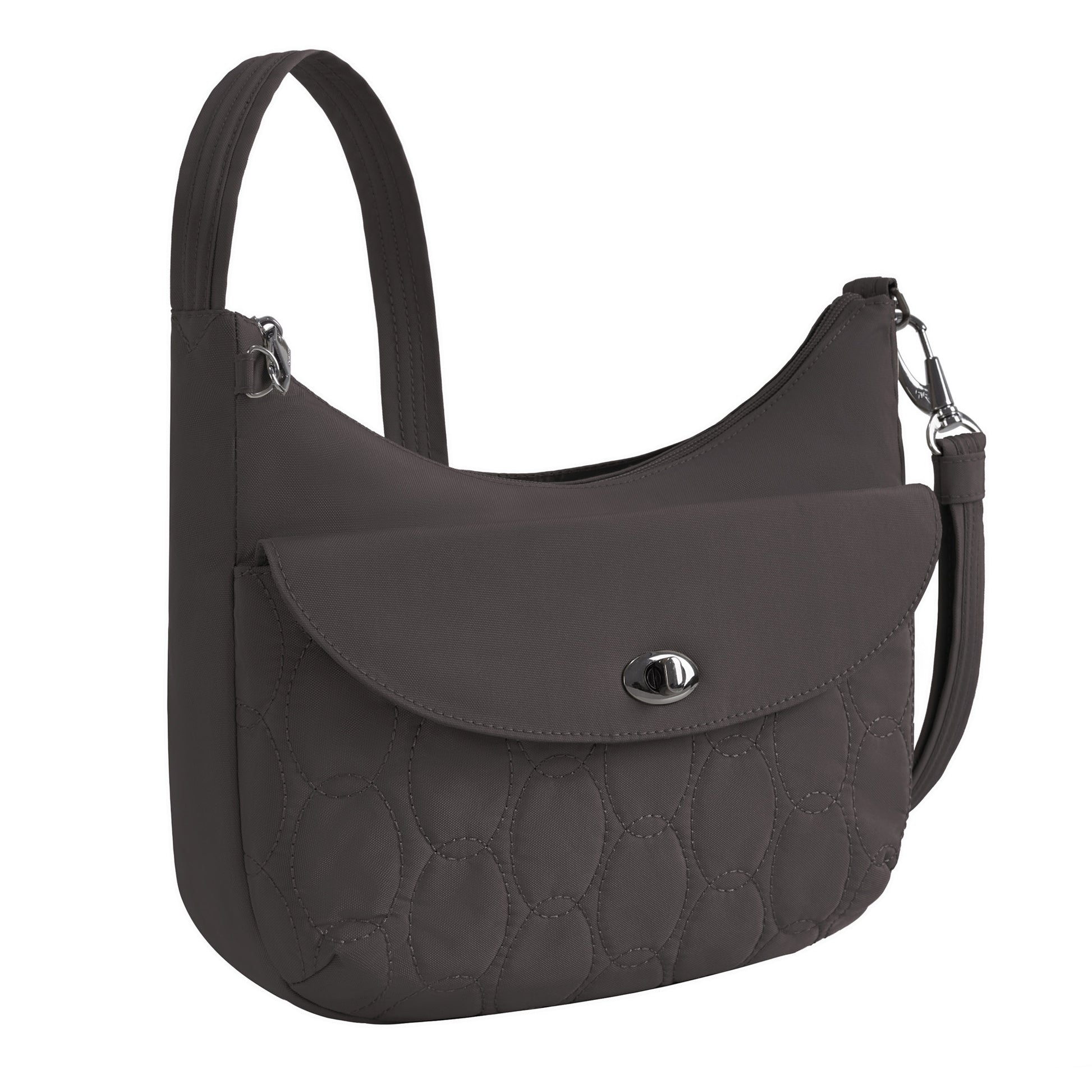 The Travelon Runways Anti-theft Medium Crossbody is a chic dark gray bag with flap pocket and secure strap.
