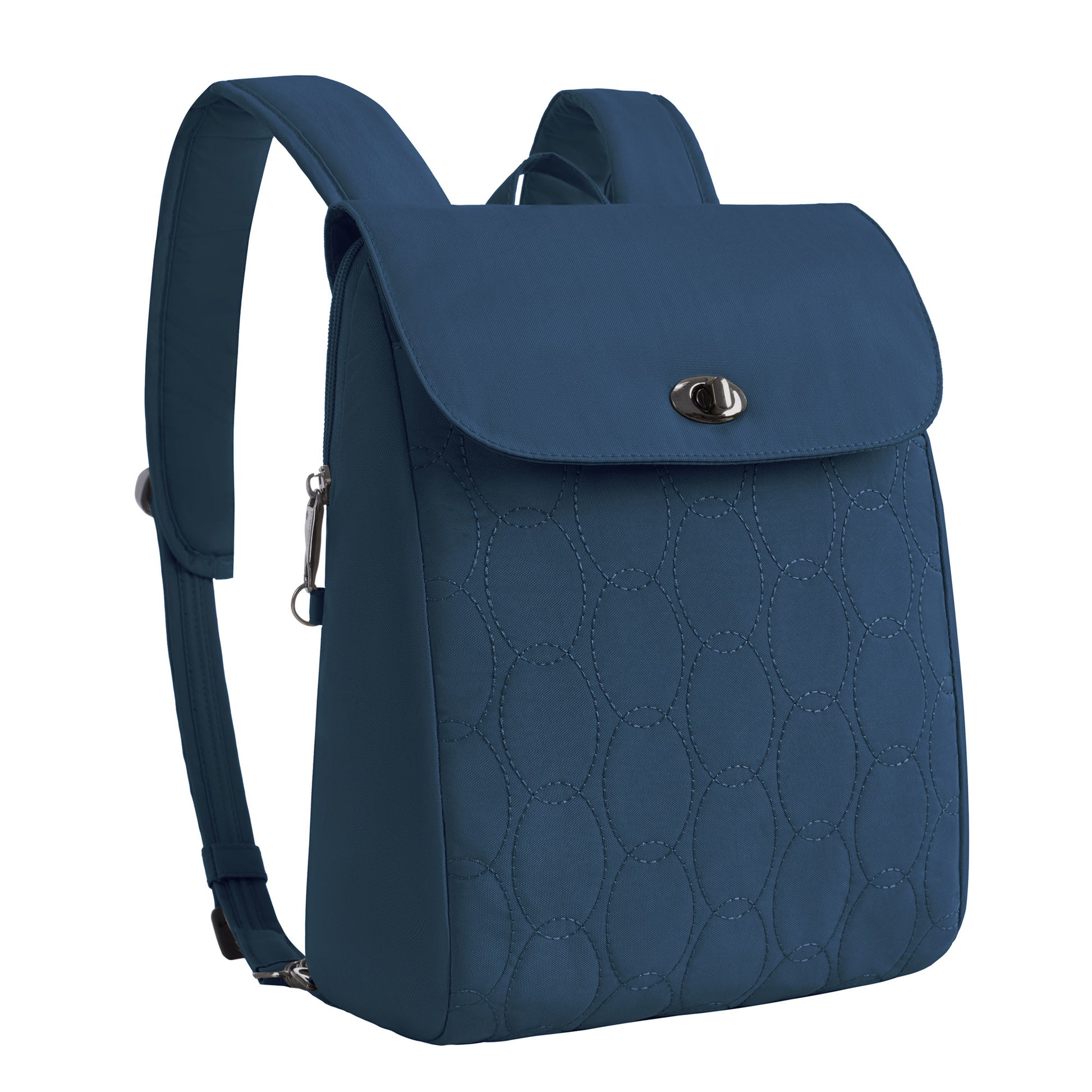 Travelon Runways Anti-theft Compact Backpack: chic blue quilted design, flap closure, adjustable straps.