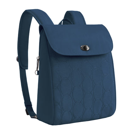 Travelon Runways Anti-theft Compact Backpack: chic blue quilted design, flap closure, adjustable straps.
