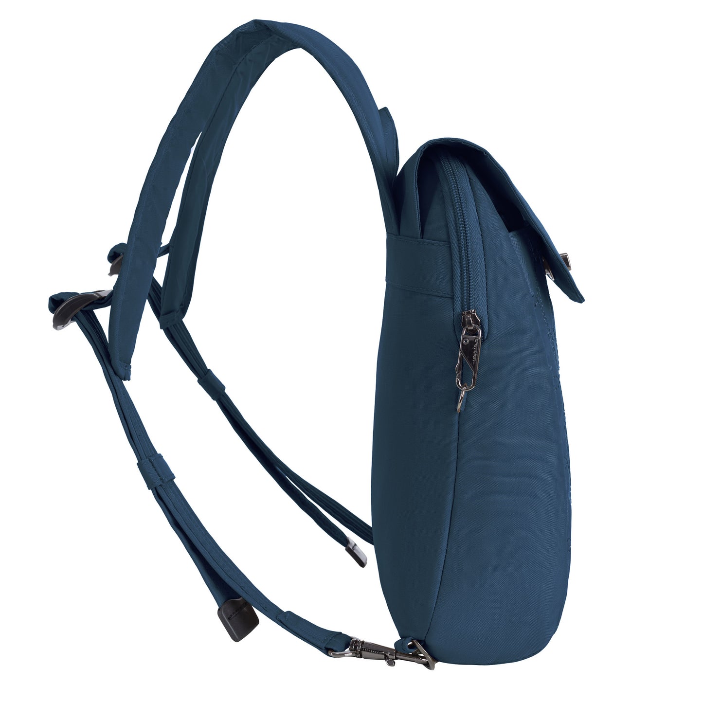 Side view of the Travelon Runways Anti-theft Compact Backpack in blue with two adjustable straps and a zippered main compartment.