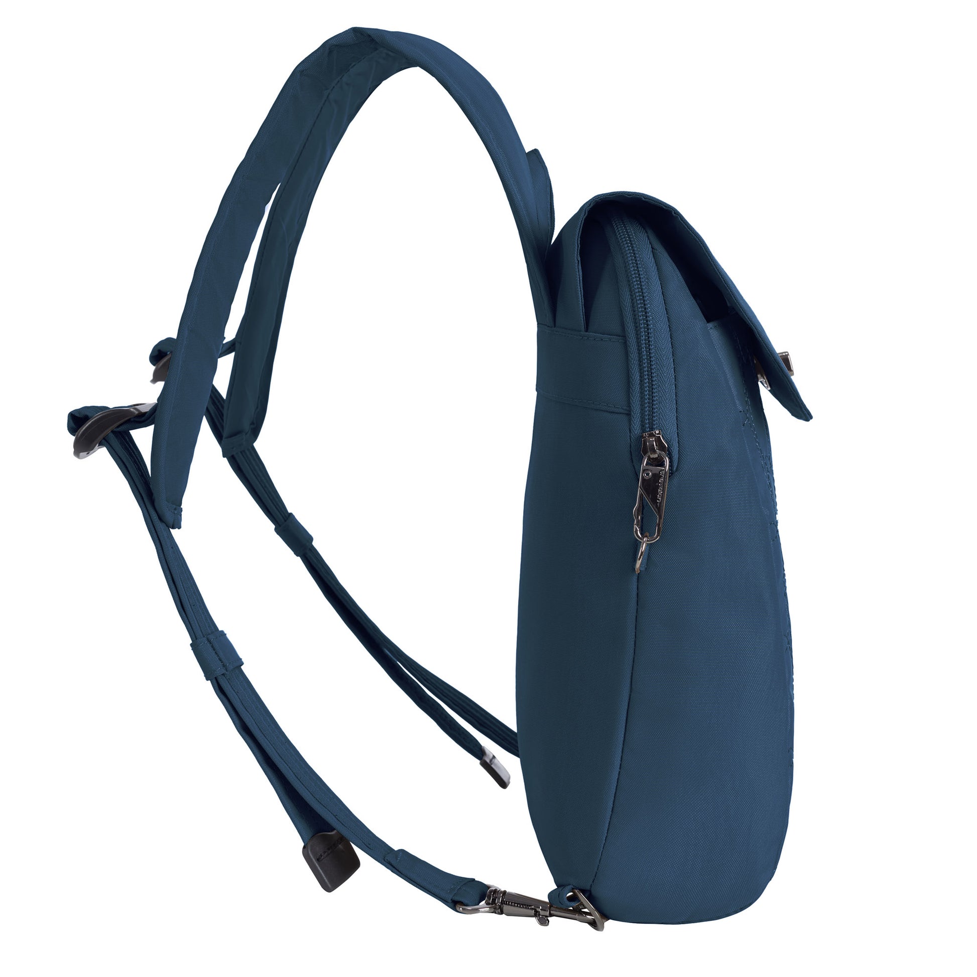 Side view of the Travelon Runways Anti-theft Compact Backpack in blue with two adjustable straps and a zippered main compartment.