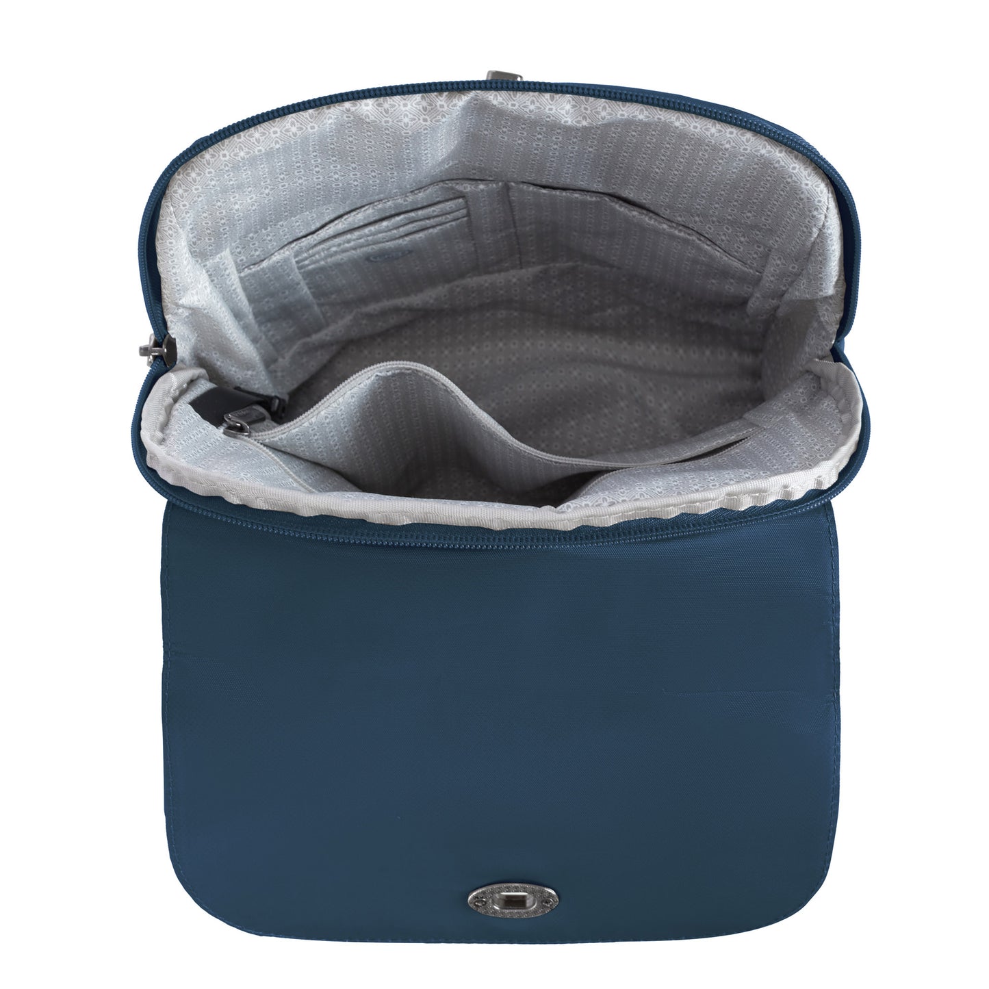 Travelon Runways Anti-theft Compact Backpack in blue, with patterned gray lining and organized compartments.
