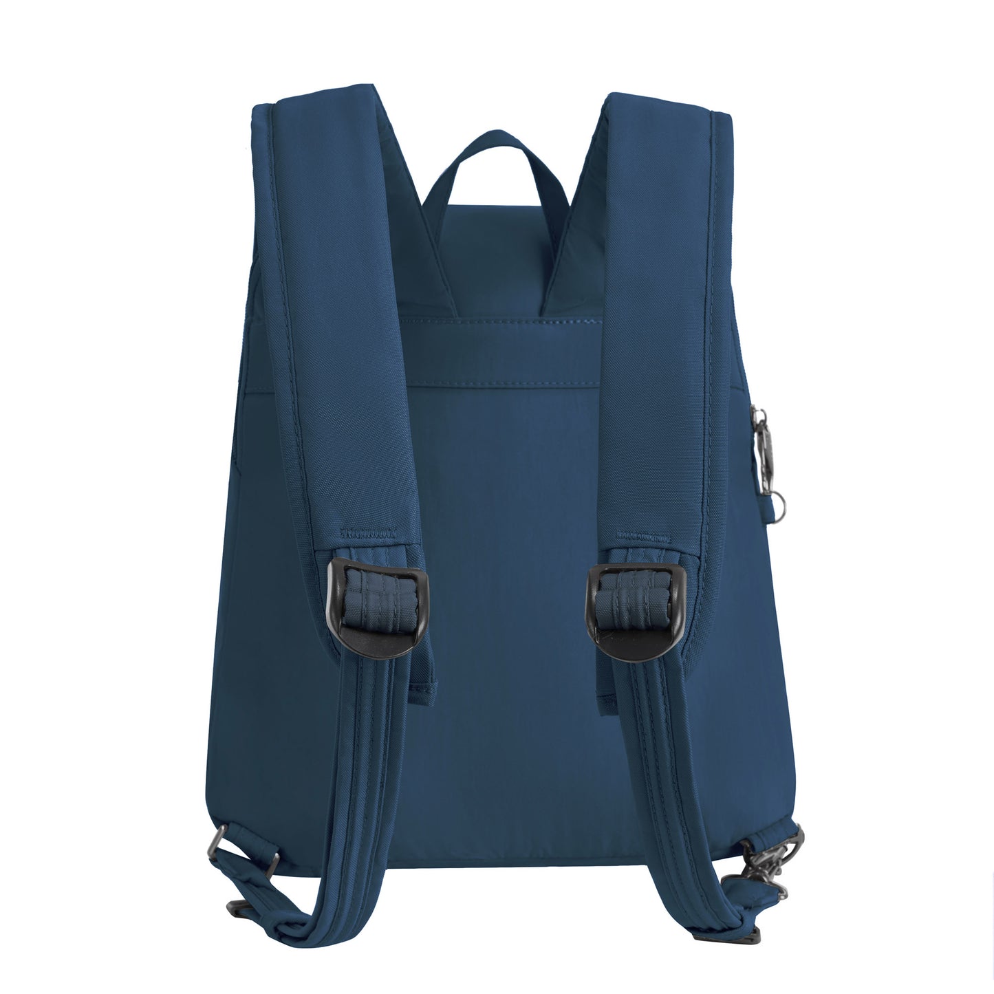 The Travelon Runways Anti-theft Compact Backpack in blue features padded straps and adjustable buckles.