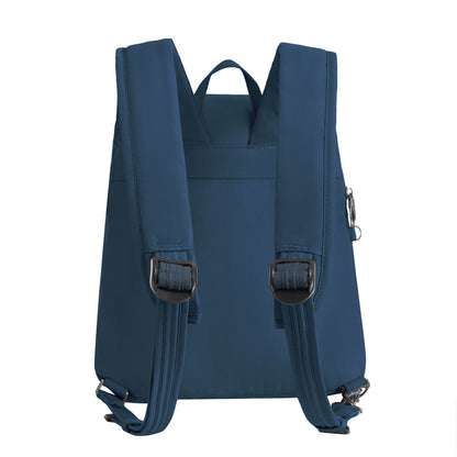 The Travelon Runways Anti-theft Compact Backpack in blue features padded straps and adjustable buckles.