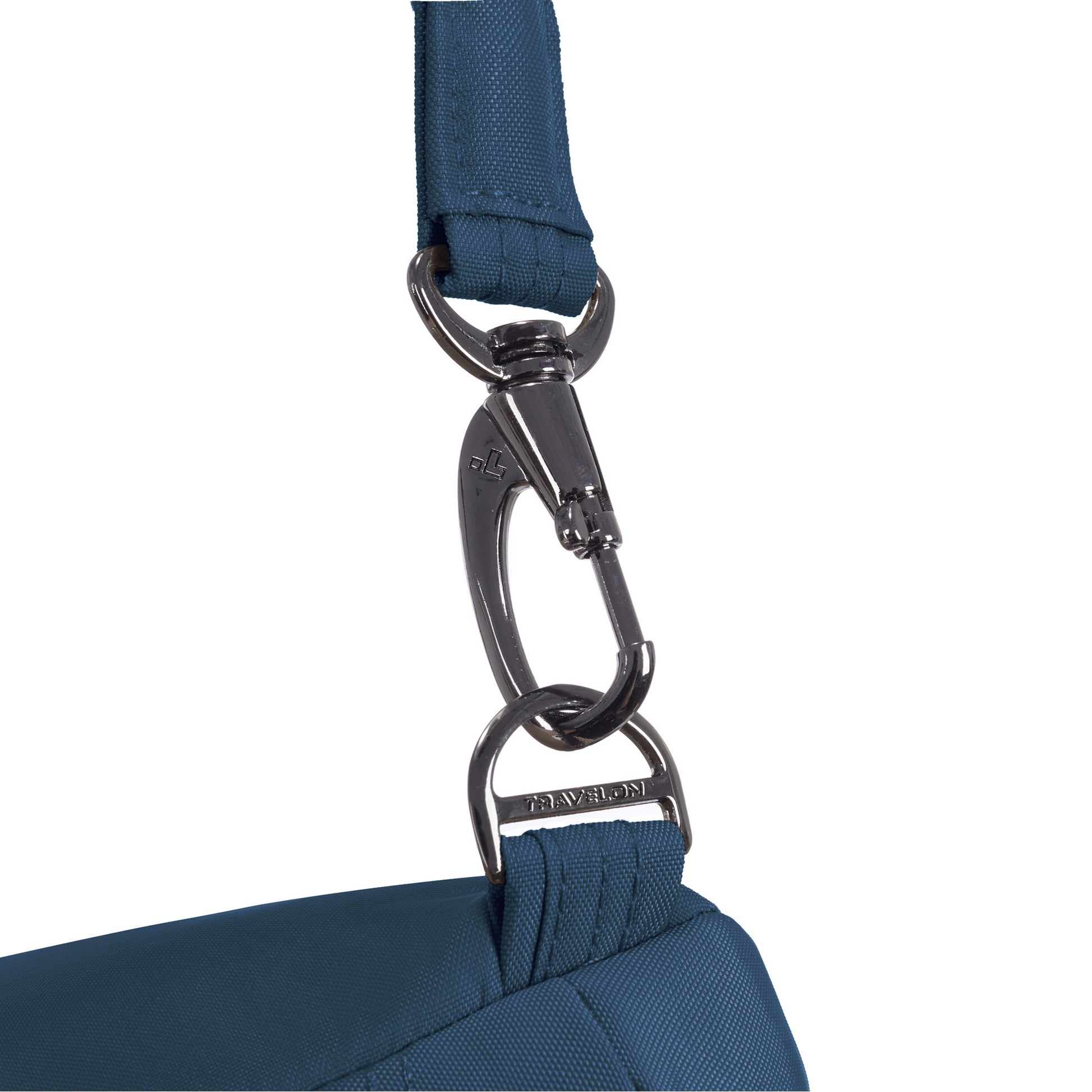 Close-up of metal clasp attaching a blue strap to Travelon Runways Anti-theft Compact Backpack.