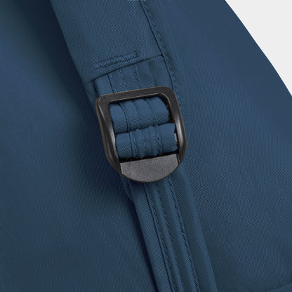 Close-up of the Travelon Runways Anti-theft Compact Backpack in blue with a black plastic buckle on the strap.