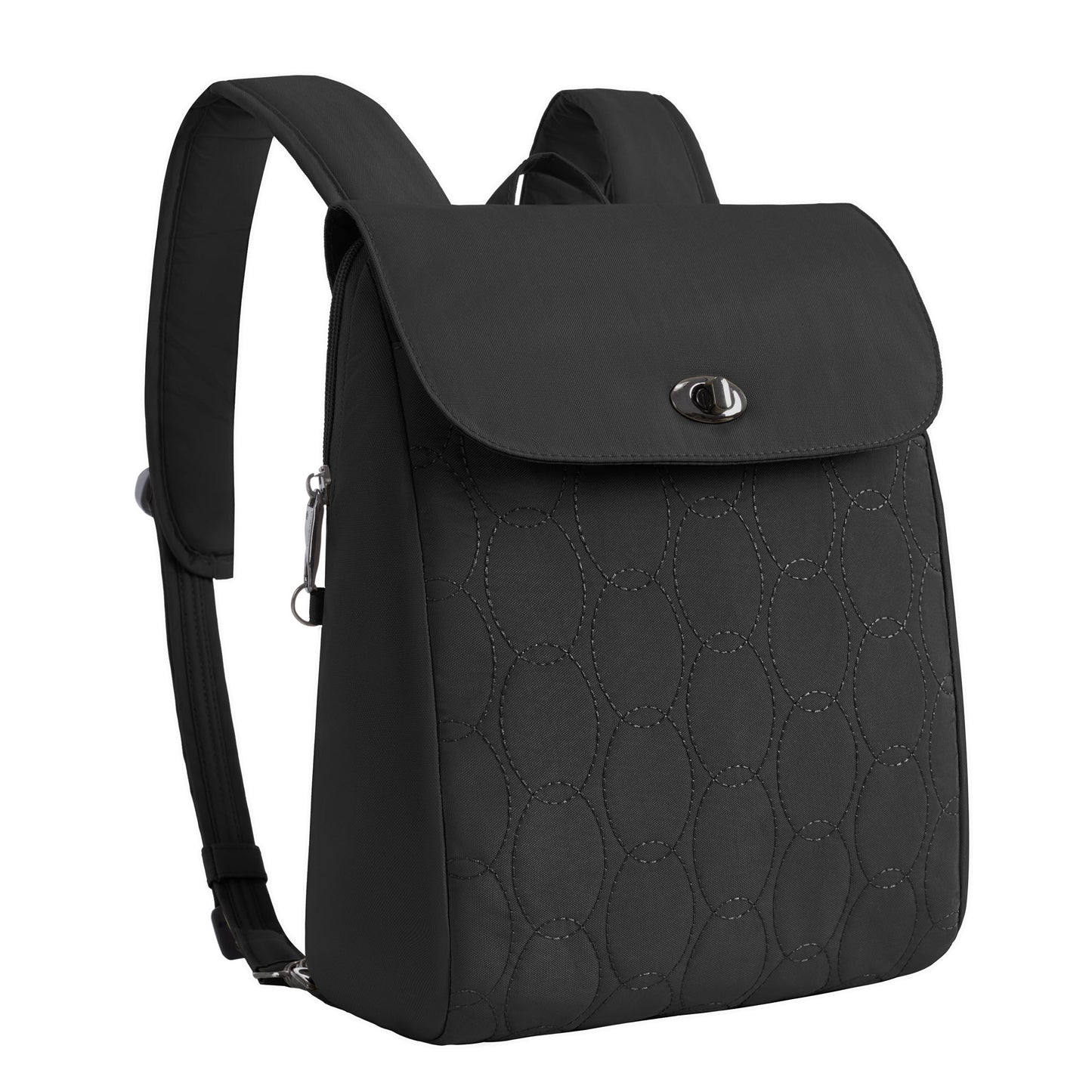 Travelon Runways Anti-theft Compact Backpack: chic black quilted bag with flap top, silver clasp & adjustable straps.