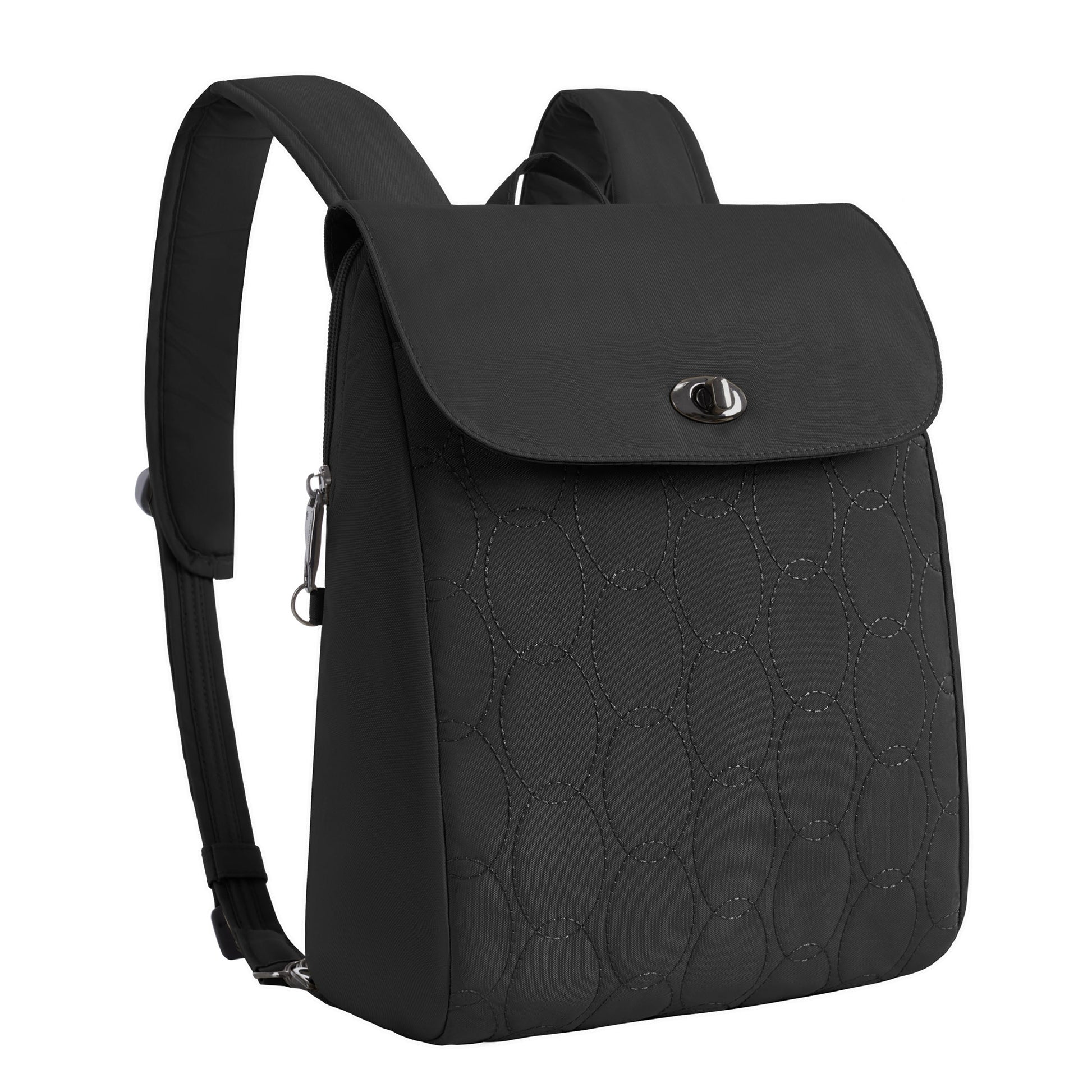 Travelon Runways Anti-theft Compact Backpack: chic black quilted bag with flap top, silver clasp & adjustable straps.