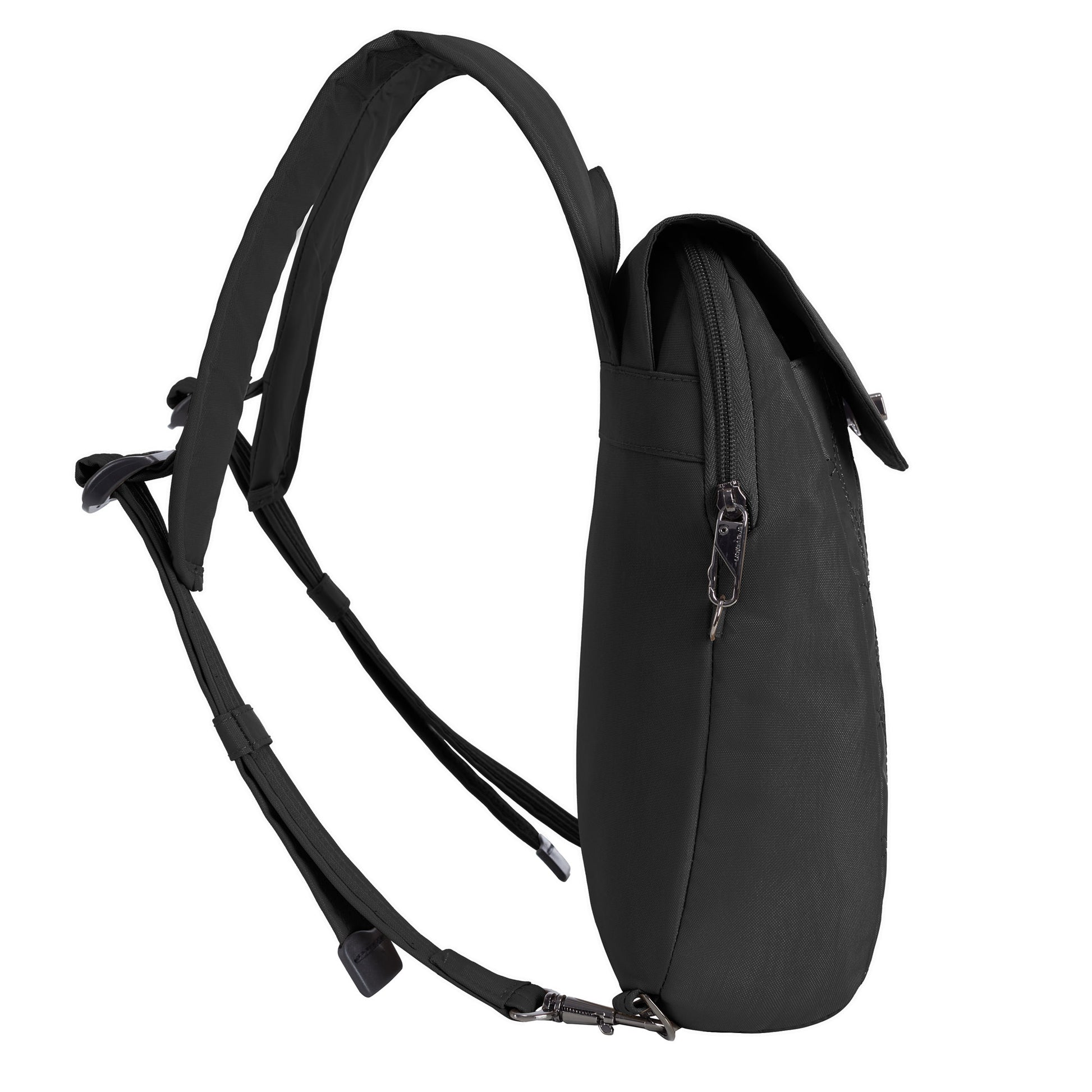 Side view of the Travelon Runways Anti-theft Compact Backpack with zippered compartment and adjustable straps.