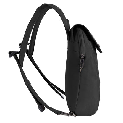 Side view of the Travelon Runways Anti-theft Compact Backpack with zippered compartment and adjustable straps.