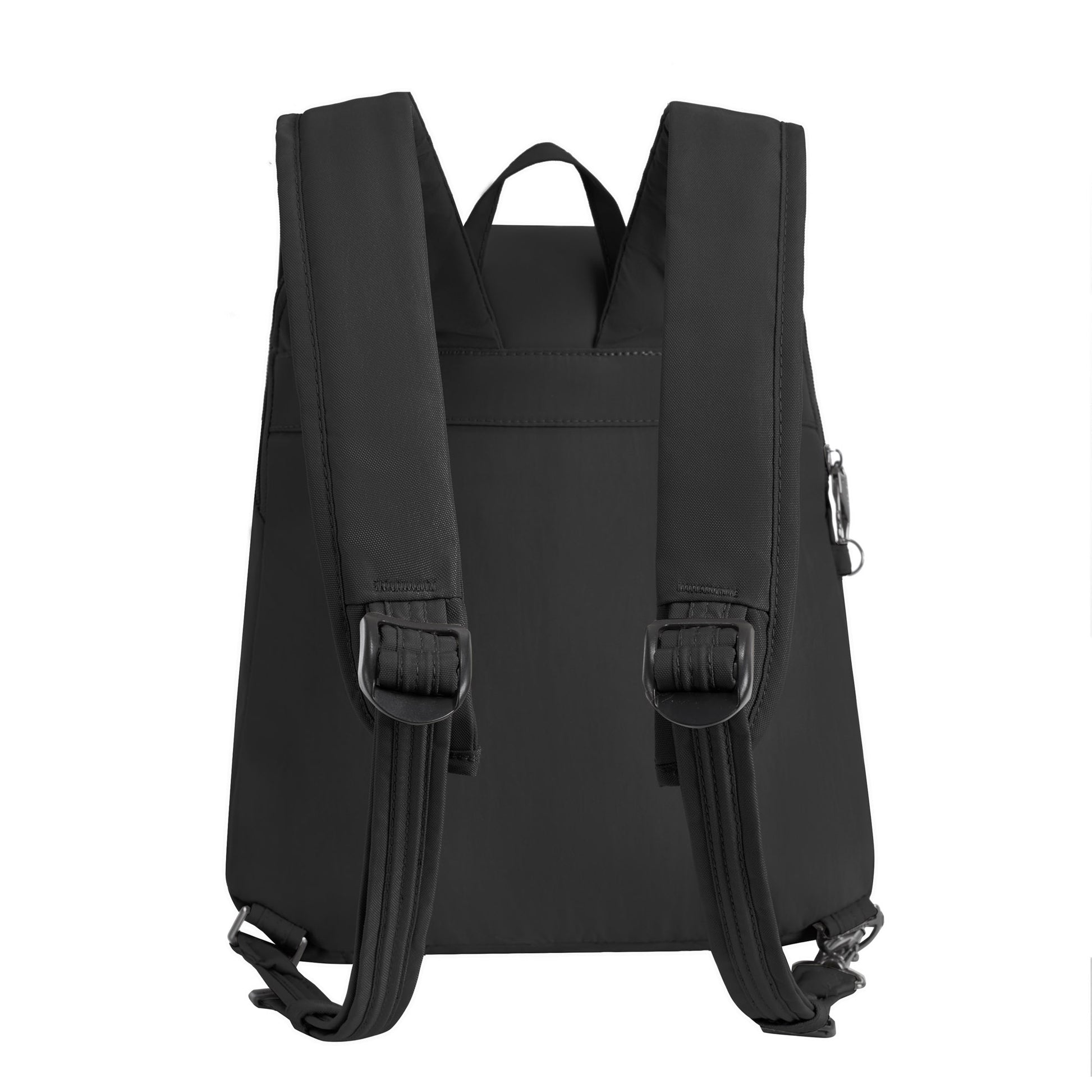 Travelon Runways Anti-theft Compact Backpack shown from the back with two padded straps and a top handle.