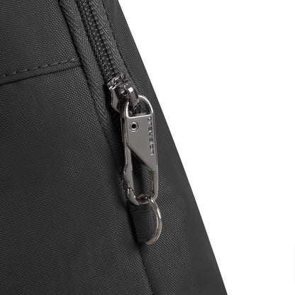 Close-up of a metal zipper and carabiner on the Travelon Runways Anti-theft Compact Backpack in black.