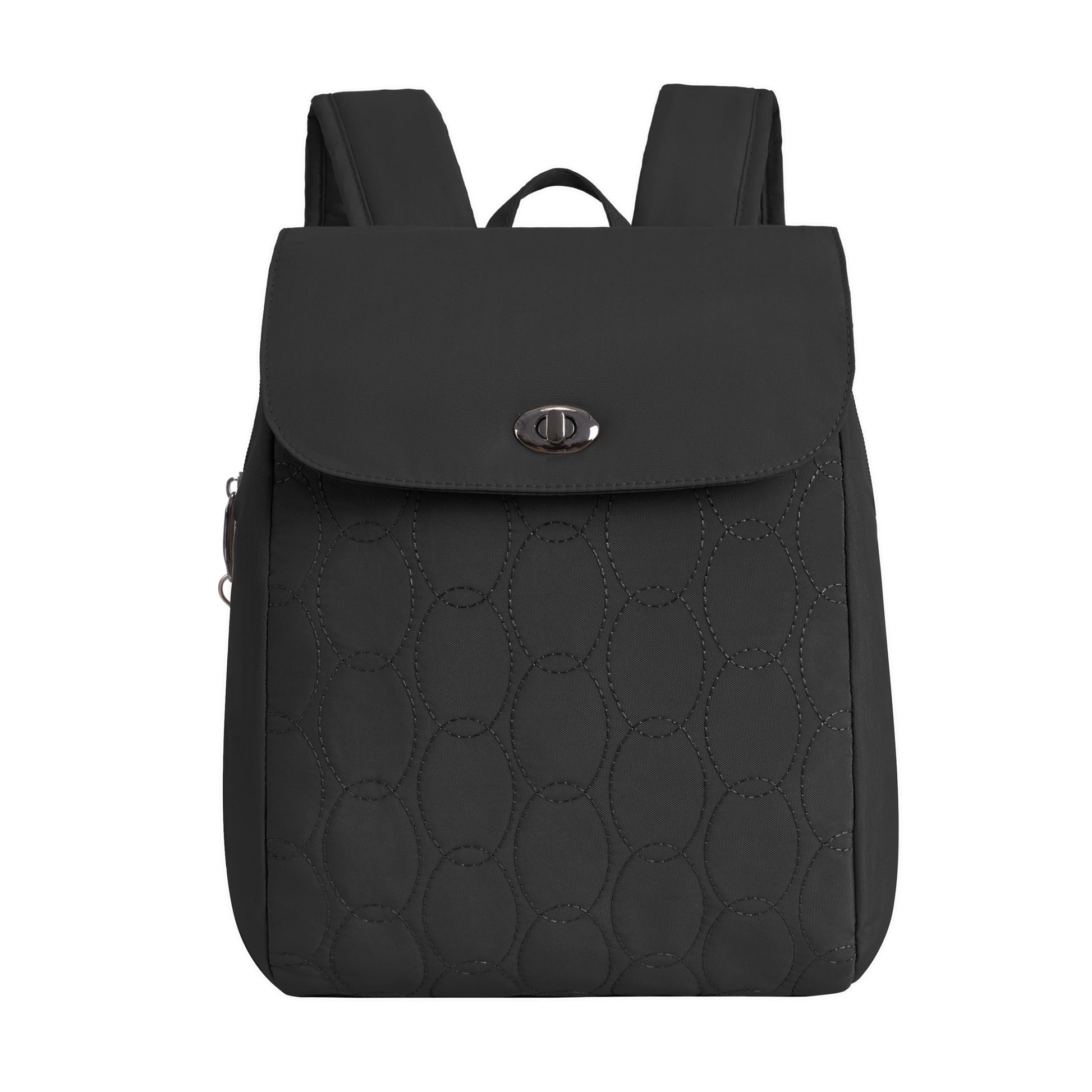 Travelon Runways Anti-theft Compact Backpack—quilted black design, flap closure, and adjustable straps.