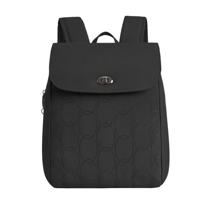 Travelon Runways Anti-theft Compact Backpack—quilted black design, flap closure, and adjustable straps.