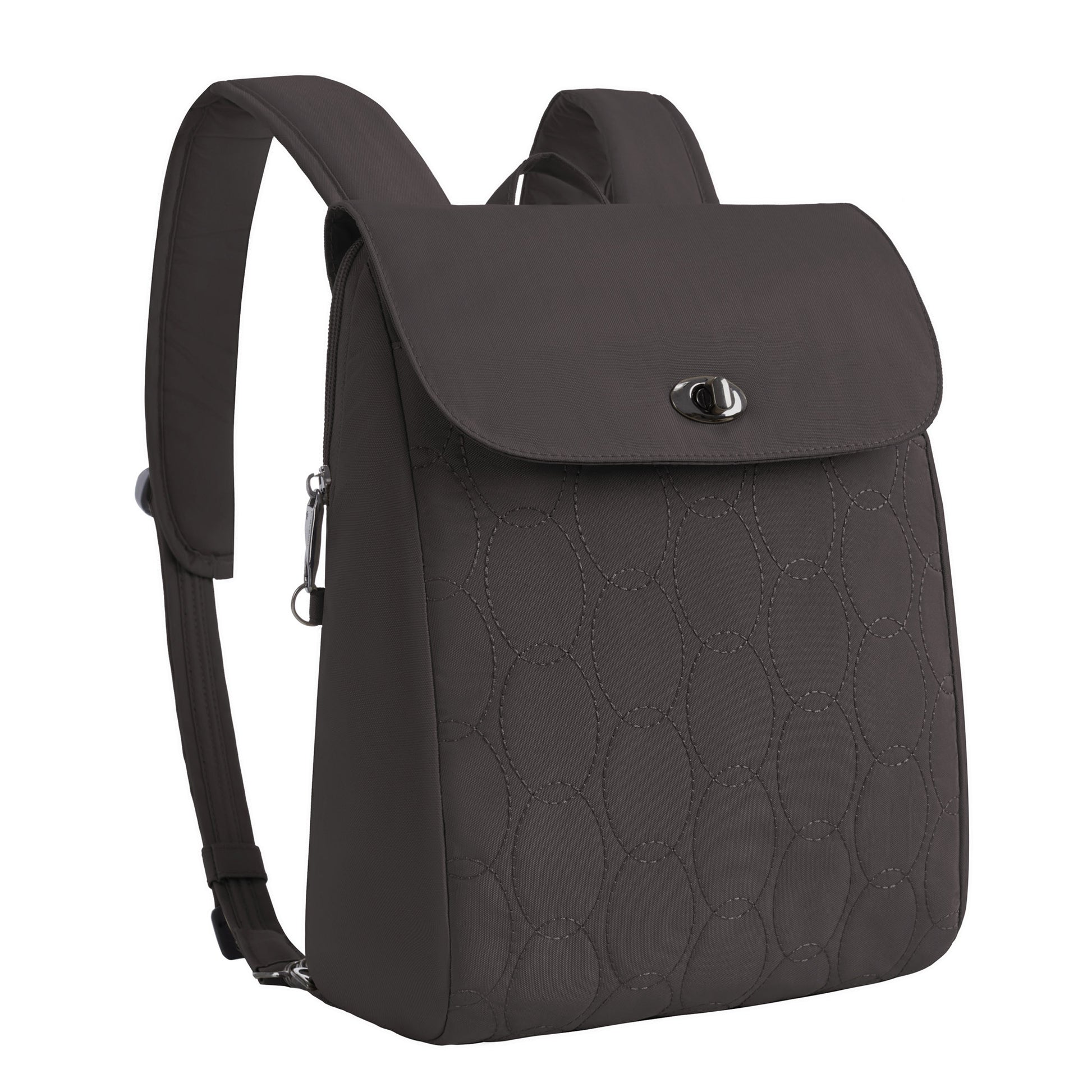 Travelon Runways Anti-theft Compact Backpack in black with flap cover and silver clasp, by Travelon.