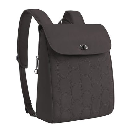 Travelon Runways Anti-theft Compact Backpack in black with flap cover and silver clasp, by Travelon.