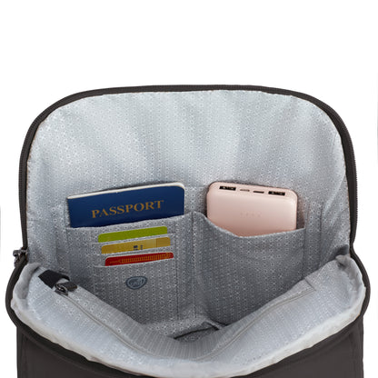 Access the Travelon Runways Anti-theft Compact Backpack's organized pocket for passport, cards, and power bank.