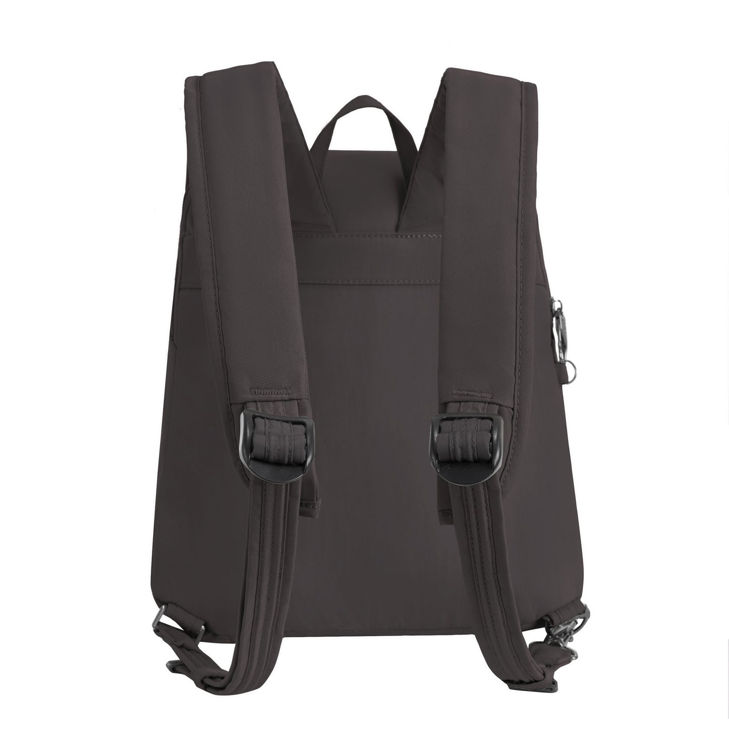 The Travelon Runways Anti-theft Compact Backpack in black features adjustable straps and a small top handle.