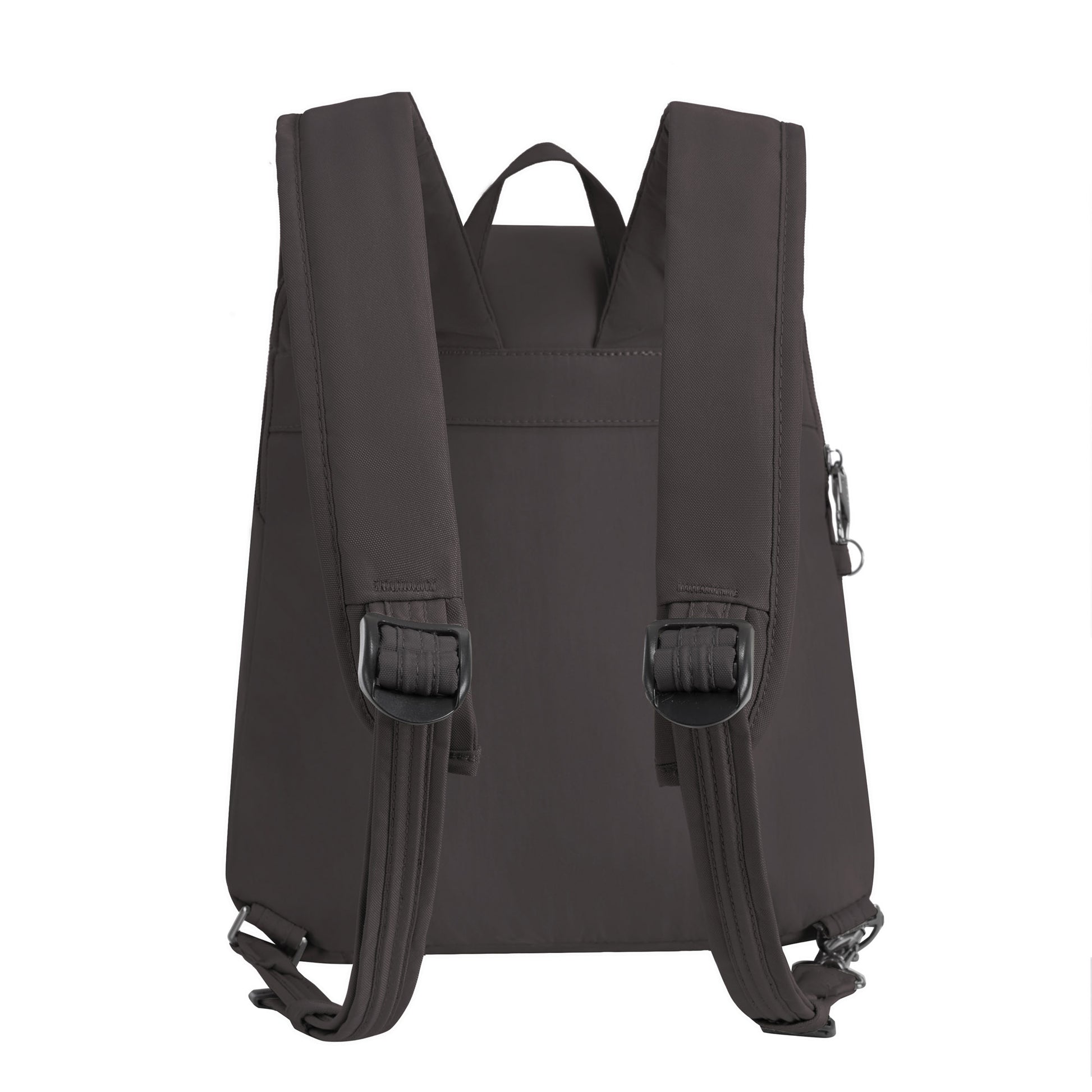 The Travelon Runways Anti-theft Compact Backpack in black features adjustable straps and a small top handle.