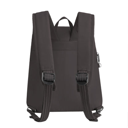 The Travelon Runways Anti-theft Compact Backpack in black features adjustable straps and a small top handle.