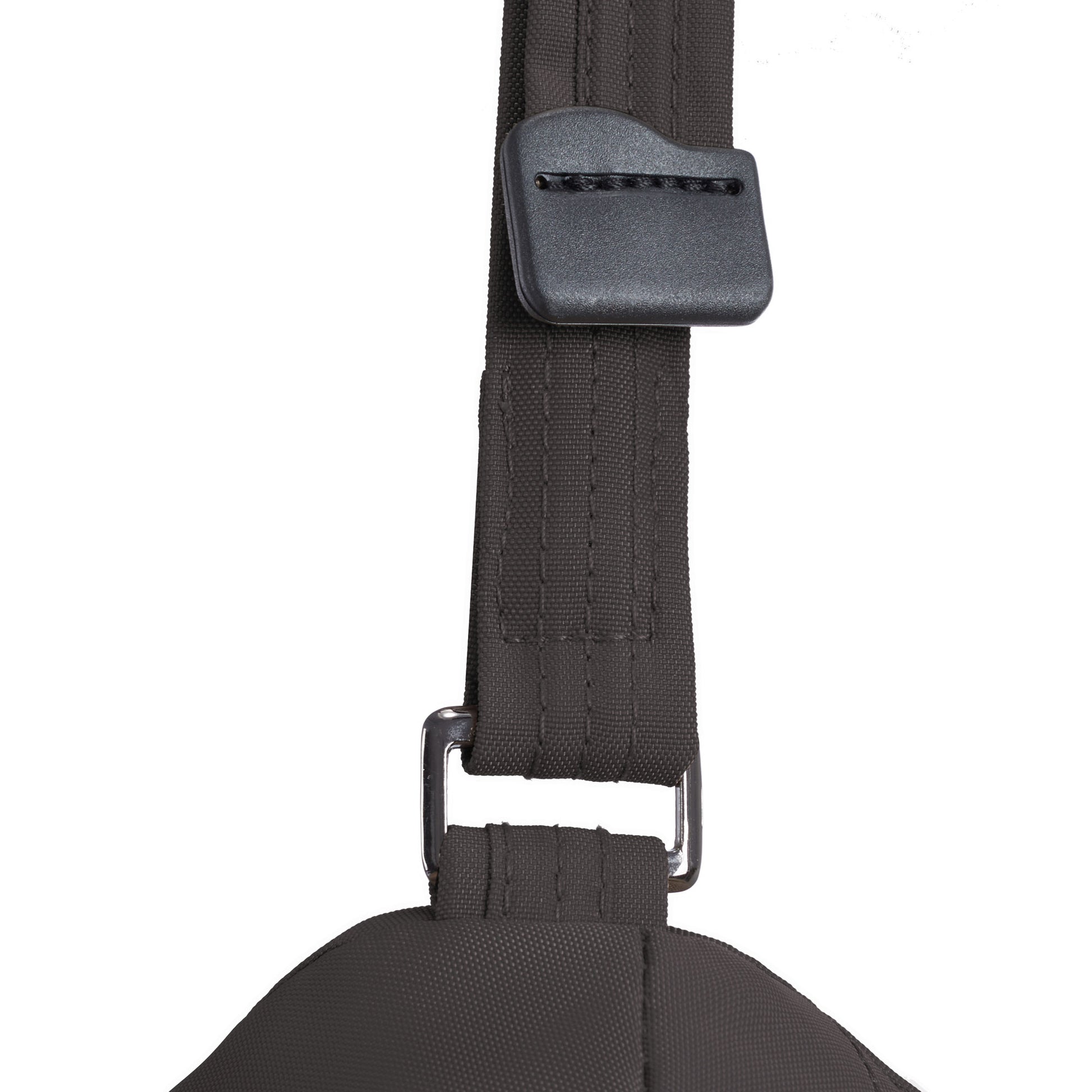 Close-up of a black adjustable strap with buckle on the Travelon Runways Anti-theft Compact Backpack.