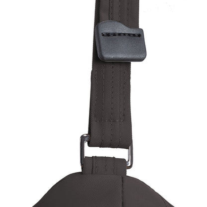 Close-up of a black adjustable strap with buckle on the Travelon Runways Anti-theft Compact Backpack.