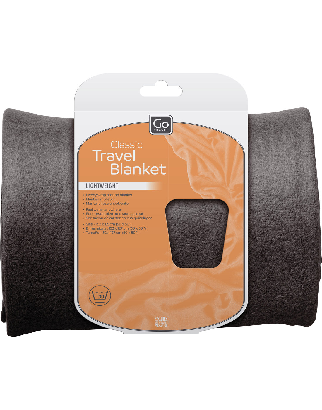 Go Travel Classic Travel Blanket, gun metal grey, rolled up, package view