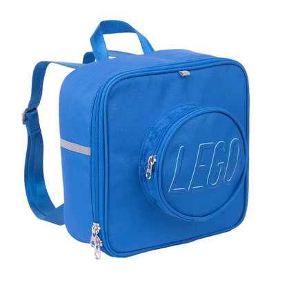LEGO® Small Brick Backpack, blue, single brick, front angled view.