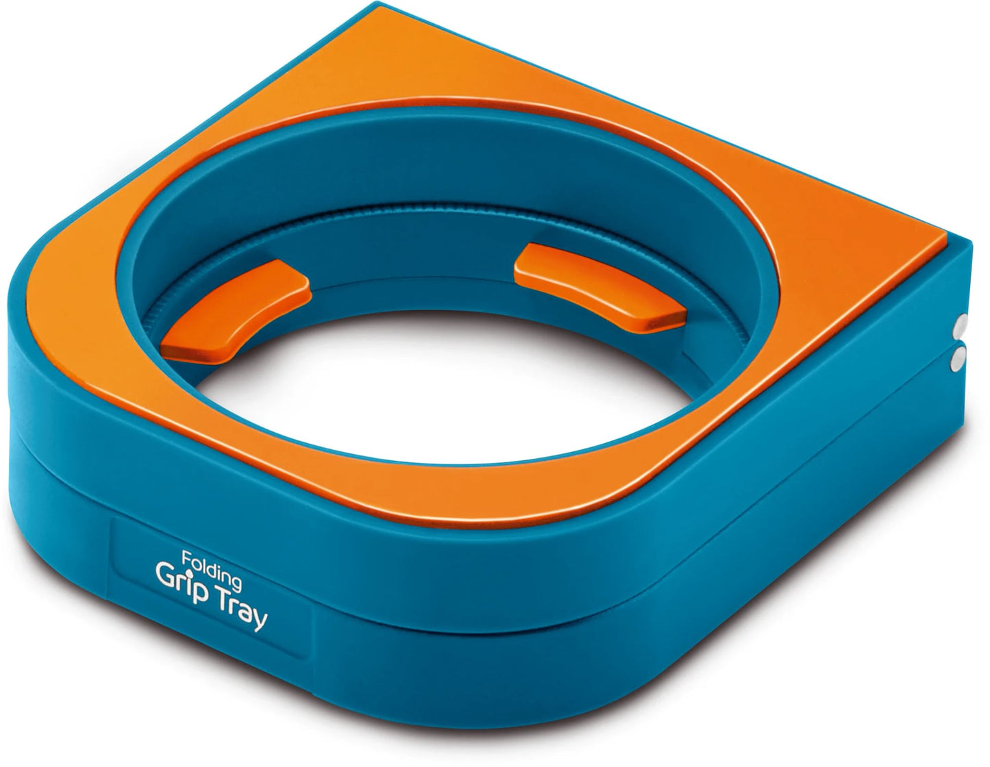 The Go Travel Folding Grip Tray is an eco-friendly blue and orange tray with a circular opening and two orange tabs.
